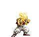 Pixel art character in fighting stance with multiple color variations including yellow, red, white, green, and yellow hair, gray pants, and brown shoes.