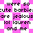 Pixelated text repeats 'were so cute barbies are jealous lol lauren and me' over a pink-and-white checkered background with diamond-shaped patterns.