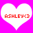 Two identical white heart shapes on a bright pink background, each containing red pixelated text reading "ASHLEY<3".