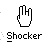 Pixelated white hand cursor with three extended fingers above pixelated text reading 'Shocker' on gray background.