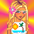 Pixel art contact sheet of a female character with blonde hair, sunglasses, and beach-themed clothing across four frames showing full body, torso, lower body, and text.