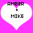 Two identical white heart shapes on a bright pink background, each containing black pixelated text reading AMBER + MIKE.