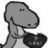 Pixelated gray dinosaur with black outline holds dark object, cyan text asks if icon has a dino then denies it on light blue background.