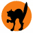 Black silhouette of a cat in an arched pose on an orange circular background, with tail raised and ears pointed.