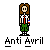 Pixel art character with long brown hair, white shirt, red tie, green pants, and a small flag patch on the right sleeve, displayed in six with varying text labels above and below