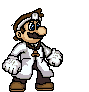 Pixel art character in white lab coat with brown shoes and headlamp, holding blue-and-red capsule, transitioning from neutral to smiling expression.