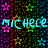 Pixelated text 'MICHELE' repeats across a dark background with multicolored stars and rainbow gradient effects.