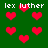 Green background with red pixelated hearts and white text reading 'lex luther' repeated across the image.