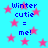 Blue background with pink stars and repeated text "Winter cutie = me!" in blue pixelated font.