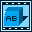 Two side-by-side pixelated frames show a blue cube with 'AE' text, framed by a filmstrip border with alternating black and white sprocket holes.