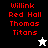 Red text reading 'Willink Red Hall Thomas Titans' appears on black, gray, and white backgrounds with a white star icon above and a black star icon below.