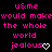 Pixelated text in pink on black background with heart and arrow symbols, repeating 'u&me would make the whole world jealous' across multiple