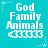 A static image with a cyan background displays the text "God Family Animals" in white pixelated font, with a of white arrow-like symbols below the text