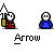 Pixel art animation of two cartoon figures with white faces and black eyes, one in red clothing holding a golden object, the other in blue clothing, interacting