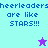 Pixelated text reads 'cheerleaders are like STARS!!!' with a purple star icon on cyan background and a light blue star icon on purple background.