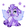 Purple cartoon creature with blue wings and horns sits against white background, surrounded by purple stars.