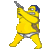 Pixelated yellow cartoon character in dynamic pose holding a gray object, wearing blue headpiece and silver shorts against solid gray background.