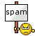 Four pixelated yellow emoji faces holding white signs with 'spam' text, arranged in a on gray background, each sign and face shows slight variations in orientation and text rendering