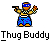 Pixel art buddy icon featuring a cartoon character with blue bandana, yellow shirt, and blue pants holding a gun in one hand while the other hand is raised, displayed on gray background with text promoting 'badassbuddy.com'