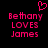 Pixelated pink text and heart symbol on black background, with 'Bethany LOVES James' repeated side-by-side.