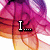 A pixelated animation of a character's lower body with pink and purple hair, showing text changes from 'I...' to 'love you!' across frames.