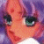 Pixelated anime-style character with purple hair and green eyes, side profile facing left on dark background.
