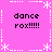 Pink background with white dotted and dashed border featuring star-like corner decorations, displaying four identical text blocks reading "dance rox!!!!!" in black pixelated font.