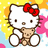 Pixelated white cat with brown eyes and nose, wearing red bow, holding beige teddy bear against yellow-orange gradient background.