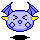 Pixelated blue creature with yellow ear accents and dark blue horns, shown in six sequential expressions from neutral to crying.