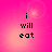 Pixelated text 'i will eat' on a pink gradient background with four identical arranged in a