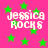 Pink background with green stars and white text reading "jessica rocks" in pixelated font.
