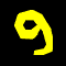 Yellow stylized number 9s on black background with one gray square, varying in shape and orientation across five positions.