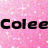 Pixelated text 'Colee' appears in multiple colors against a pink glittery background with one gray