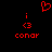 Red pixel art displays two identical side-by-side icons with a heart symbol above, each containing an 'i' and '<3' symbols over the text 'conar'.