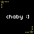 Pixelated black background displays repeating white text 'chaby :]' with yellow star-shaped animations at corners and midpoints.