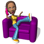Animated sequence of a cartoon character sitting on a purple chair, holding a pink phone, with changing facial expressions and arm positions.