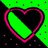 Pixelated heart icon with pink outline, green and black interior sections, scattered dark squares on a bright green background.