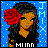 Pixelated image of a person with long dark hair and red rose in hair, wearing black top against blue background with white dots.