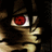 Pixelated close-up of a character's face with a red eye, brown hair, and a light-colored garment against a dark background.