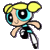 Pixelated cartoon character with yellow pigtails, turquoise eyes and outfit, black shorts, white boots, flying pose on gray background.