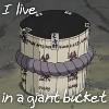 A pixelated cylindrical object resembling a bucket with text above and below it.