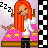 Pixel art contact sheet showing three frames of an animated icon with a cartoon character, text elements, and color-coded backgrounds.
