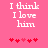 Pink background with white pixelated text reading "I think I love him" and five red heart symbols below, where the third heart changes from light to dark red between frames.