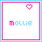Pixelated icon with pink border and blue background, displaying 'mollie' text and a hanging heart symbol in six variations.