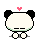 Pixel art panda head with black ears, white face, and green outline; four variations show different expressions and limbs under pink heart symbols.
