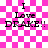 Pixelated text on a pink and white checkered background with animated sparkles appearing in the top-right corner.