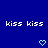 Blue background with white pixelated text 'kiss kiss' repeated twice, two light blue heart icons below.