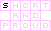 Pixelated text with pink and gray squares showing 'SHORT AND PROUD' repeated, where individual letters change