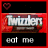Red and black animated icon with 'Twizzlers' text, a heart symbol, and 'eat me' phrase in pixelated style.