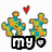 Two pixelated puzzle pieces with green, blue, and orange sections sit beneath a red heart; the lower piece has a black outline while the upper is solid. Below them, 'my' appears in white block letters on a black background.